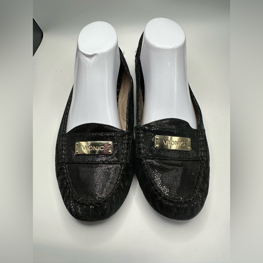 Vionic Sydney Sz 8.5 Lizard Leather Sparkle Loafers Black Orthoheel Metal READ